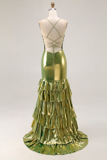 Guld Metalliska Tiered Mermaid Tie Back Lång Prom Klänning Med Slits